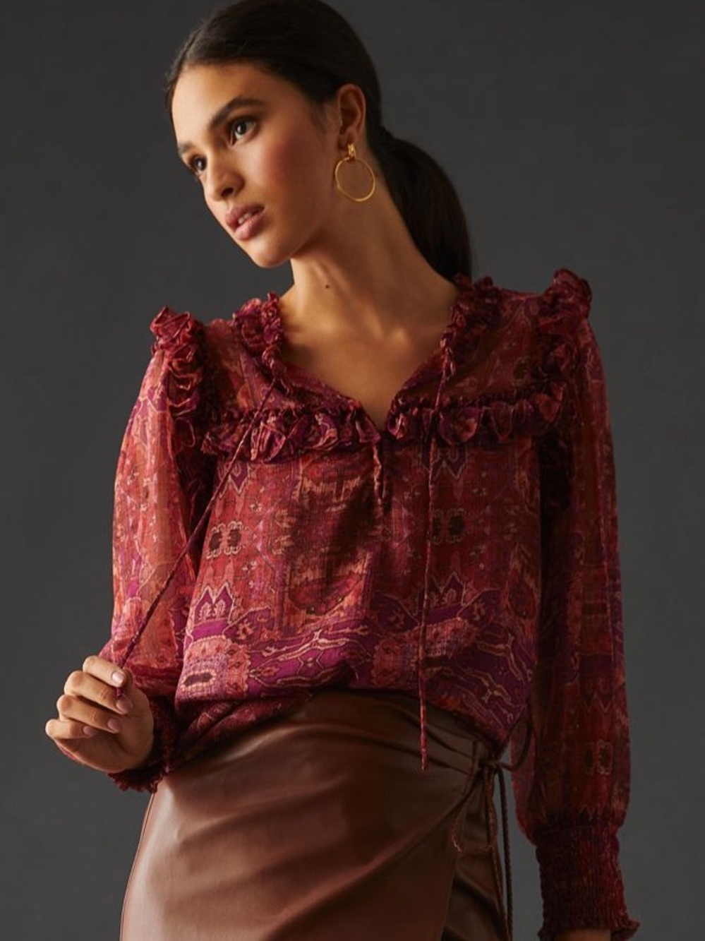 MISA Raffi Top Maroon Ruffle Large Anthropologie - Picture 10 of 13